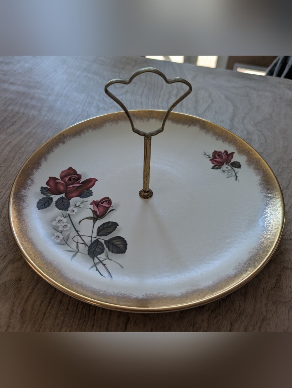 Vintage Ceramic Dessert Plate With Handle, Gold Trim and Rose Motif